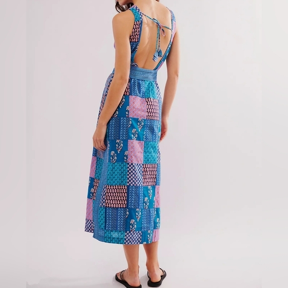 BOTEH Cedella Low-Back 100% Cotton Midi Dress, Patchwork Aquamarine Motif, Sz 4 - Picture 4 of 16